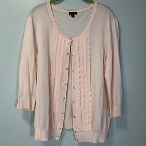 Ann Taylor Pink Scalloped Ruffle Cardigan XL 3/4 Sleeve V-Neck Rayon Blend